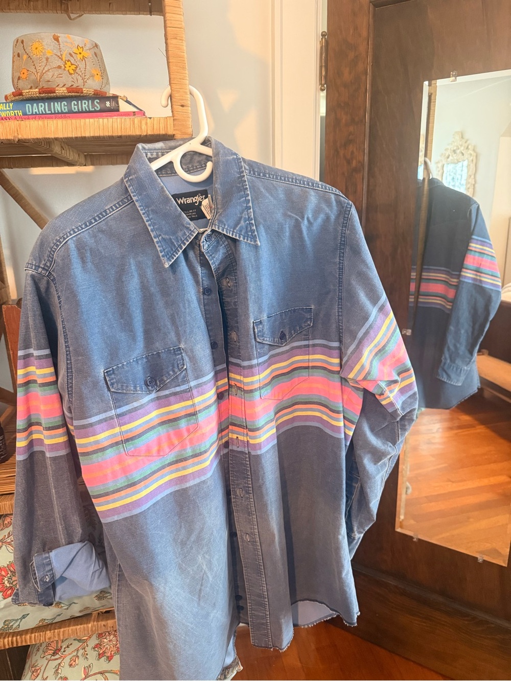 Wrangler Blue Denim Button-Down Shirt with Multicolor Stripes worn as a dress !